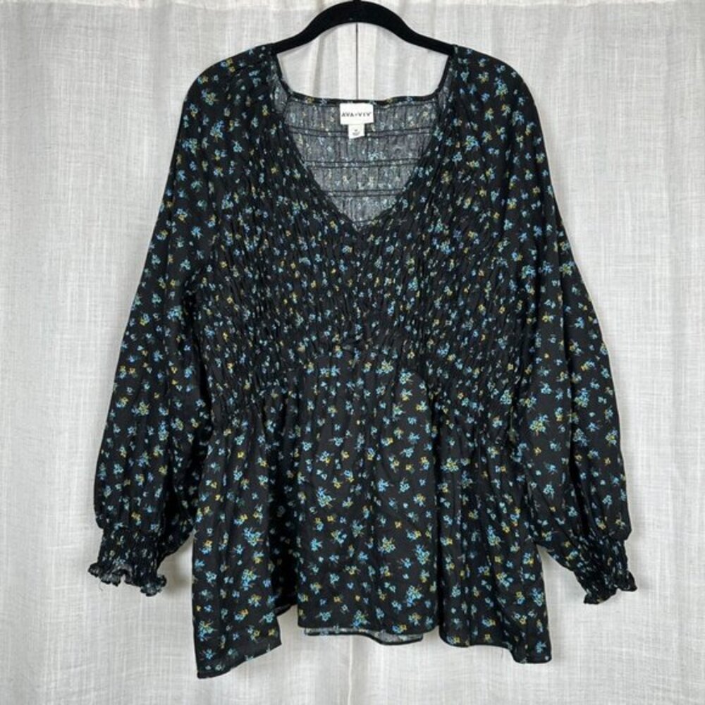 Floral Smocked Puff Sleeve Babydoll Top 1X Cotton Dark Cottagecore Peasant‎ Boho